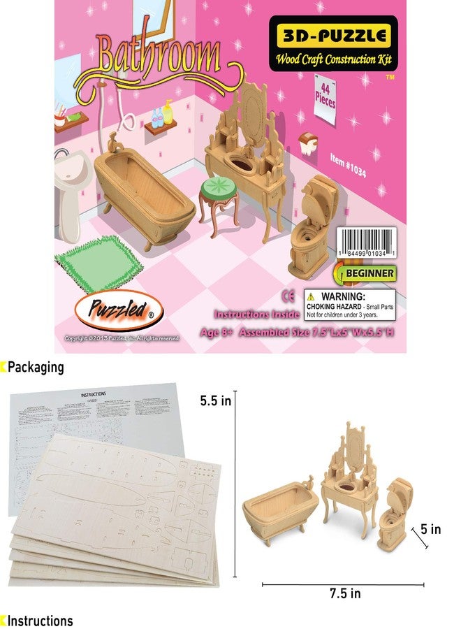 Puzzled 3D Wooden Bathroom Dollhouse Furniture Set Construction Kit - DIY Wooden Dollhouse Bathroom Puzzle Model Kit, Fun and Educational 3D Puzzle to Build and Paint - 44 Pieces Pack - Image 2